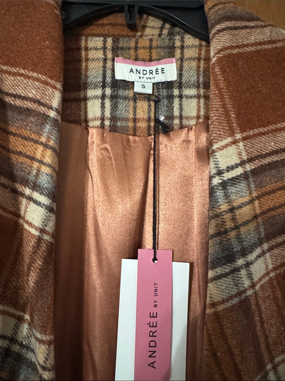 ANDREE BY UNIT Brown Rust Plaid Trench Coat - Picture 2 of 4